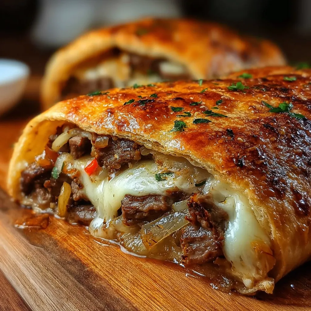 Ultimate Mozzarella Cheesesteak Stromboli with Tender Beef and Caramelized Onions - tertiary view